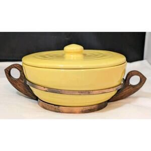 Vintage Bauer Pottery Butter Yellow 6 7/8" Casserole Copper Holder & Lid EUC SW